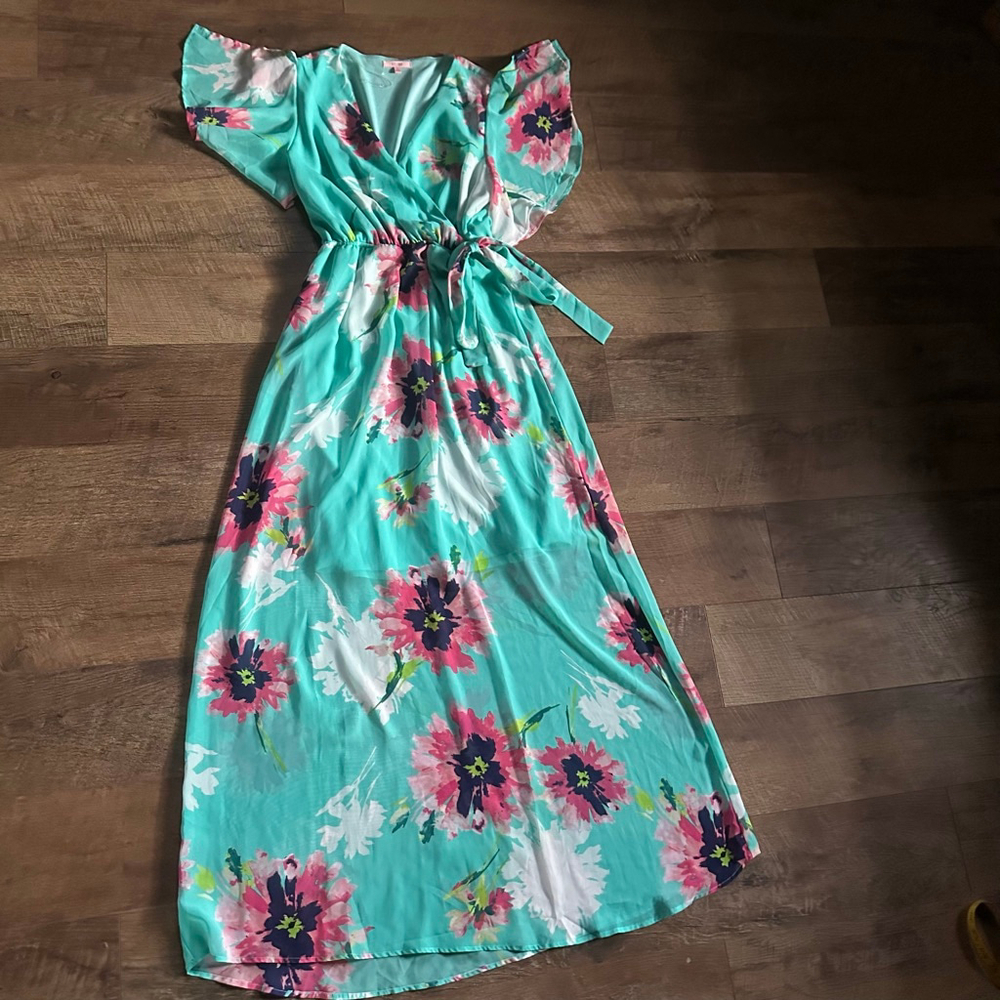 Women's P.S. LOVE Teal Pink Floral Maxi Dress L